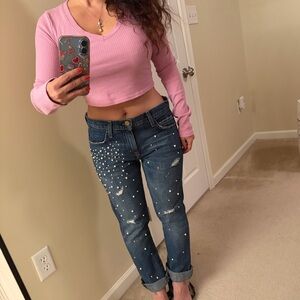 Current/Elliott Blue Boyfriend Jeans with Pearl Accents